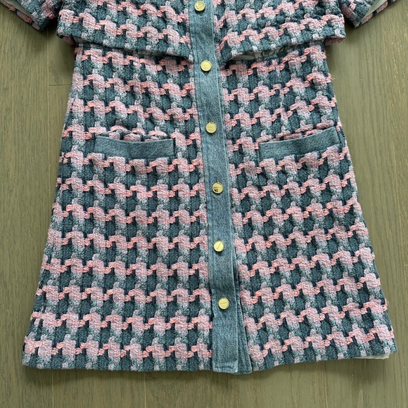Sandro Amadora Dress Pink Blue Denim Trim Houndstooth Tweed Mini FR 36 US 4 - Picture 6 of 15